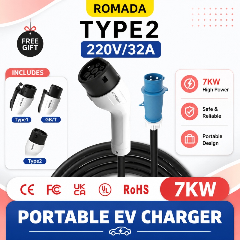 Portable Ev Charger 32A Type 2 Cee Plug - 7KW ROMADA 電気自動車用ポータブル充電器 GBT Type1 3M～10Mケーブル