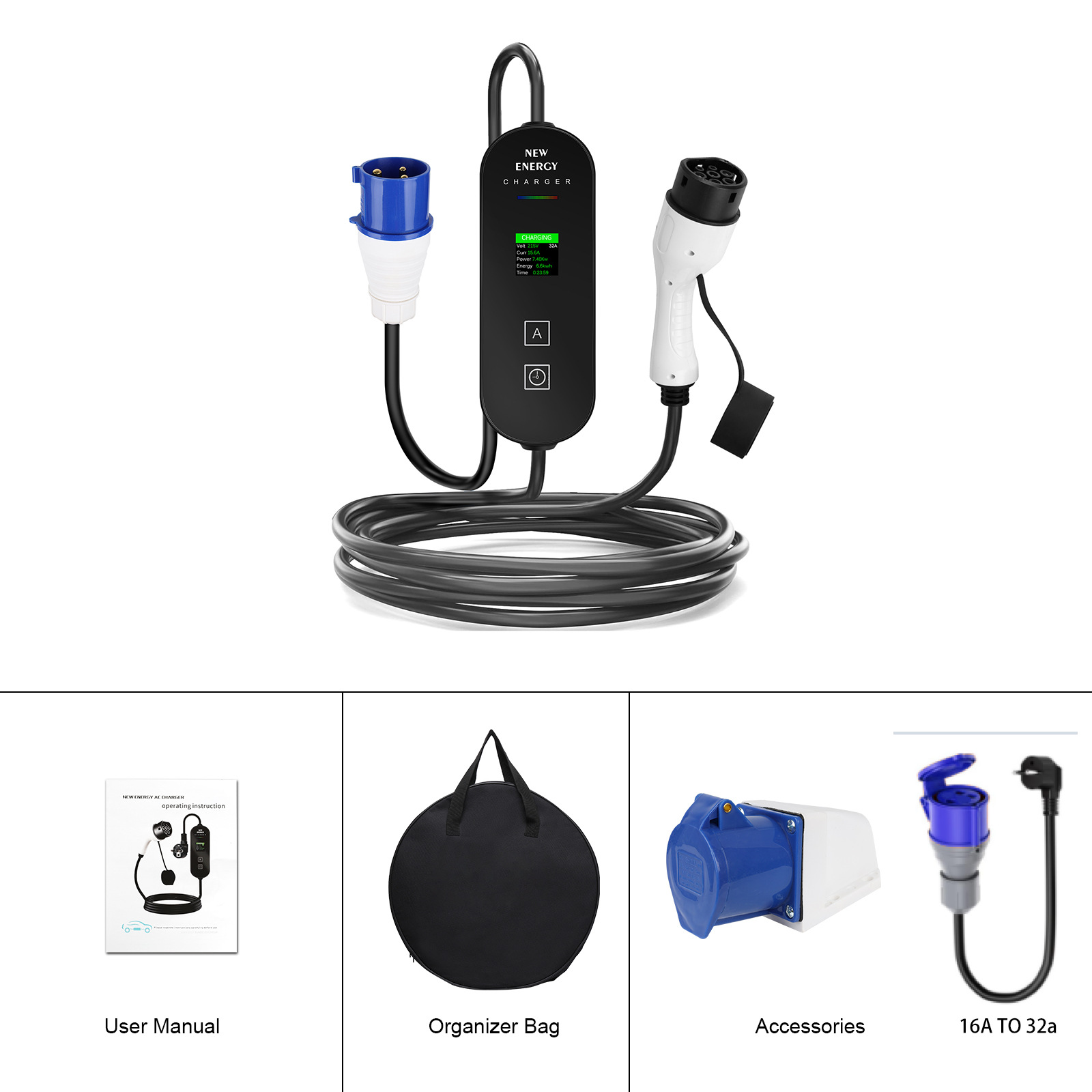 EU/UKプラグ CEE 32A/16A ポータブルEV充電 - Portable Ev Charger 32A Type 2 Cee Plug のレビューと価格
