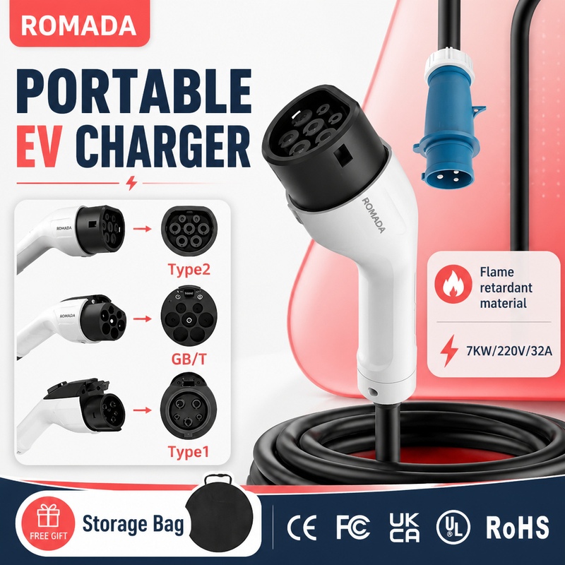 7KW ROMADA 電気自動車用ポータブル充電器 GBT  - Portable Ev Charger 32A Type 2 Cee Plug のレビューと価格